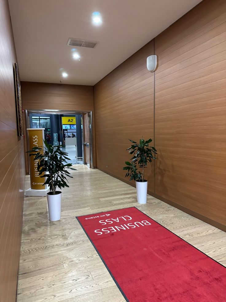 a large red rug is on the floor in front of a wooden wall and planters