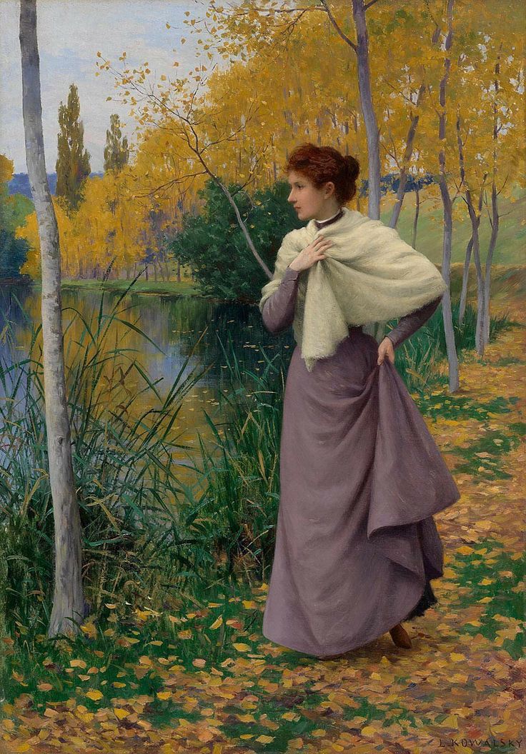 a painting of a woman in a purple dress by a lake with yellow leaves on the ground