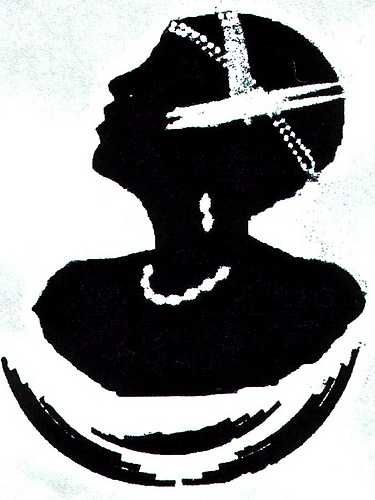 a black and white drawing of a woman's head with a cross on it