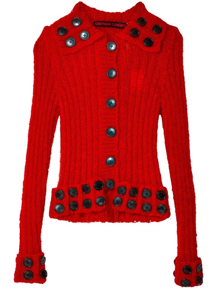 red mohair-recycled nylon blend front button fastening spread collar long sleeves turn-up cuffs decorative button detailing straight hem Chopova Lowena, Yoko London, Beige Cardigan, Ribbed Cardigan, Cotton Cardigan, Exclusive Fashion, Knitwear Cardigan, Knit Cotton, Lady Dior