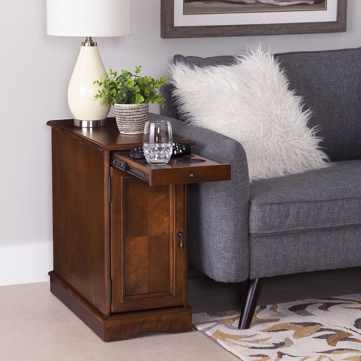 Powell Furniture Butler Accent Table, Hazelnut, Small End Table With Lamp, Wedge End Table, Shabby Furniture, Powell Furniture, Narrow Side Table, Single Shelf, Living Room Recliner, Small End Tables, Wooden Side Table