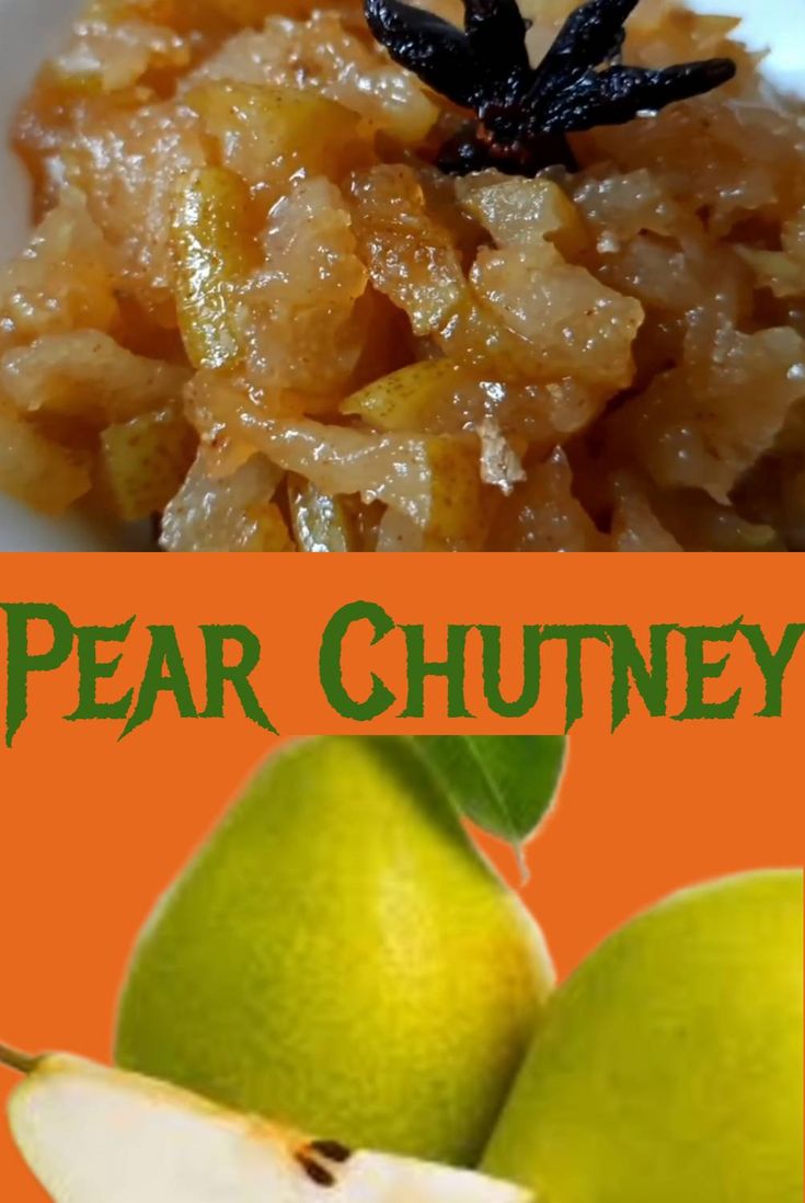 pear chutney with an orange and green background