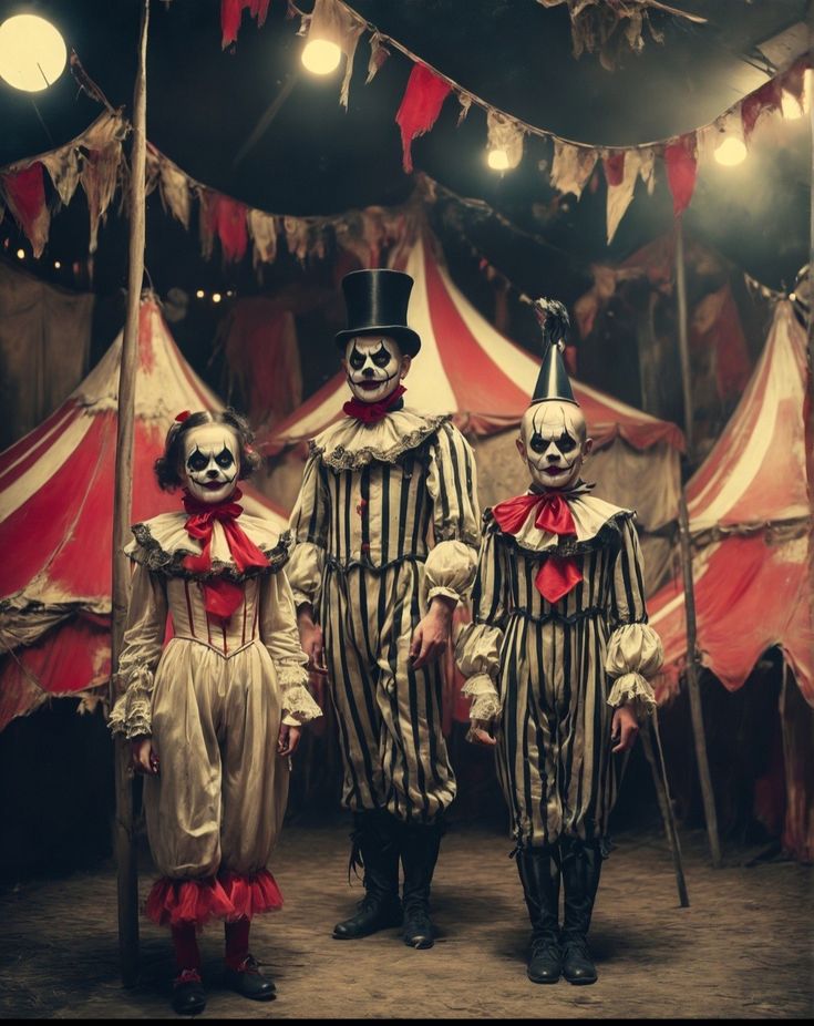 two clowns standing in front of a circus tent