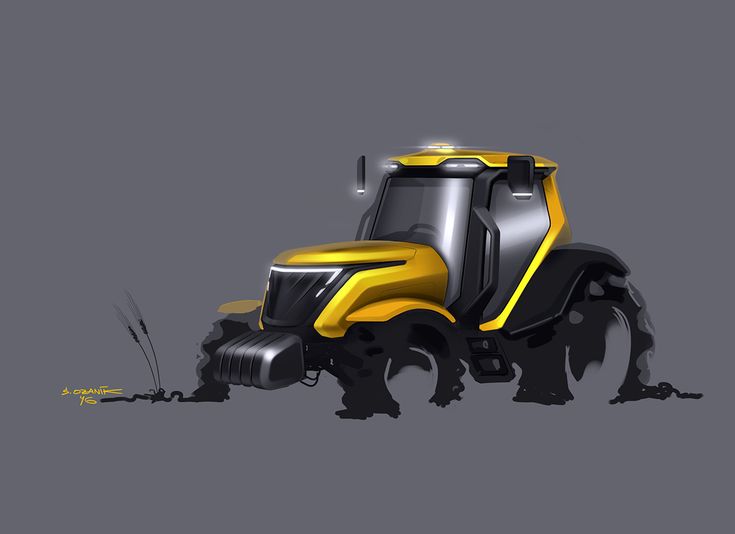 a yellow and black tractor on a gray background