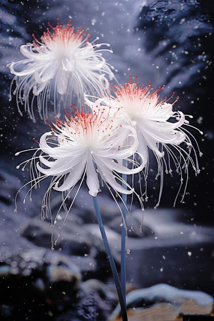 two white flowers with red stamens in front of snow covered ground and sky