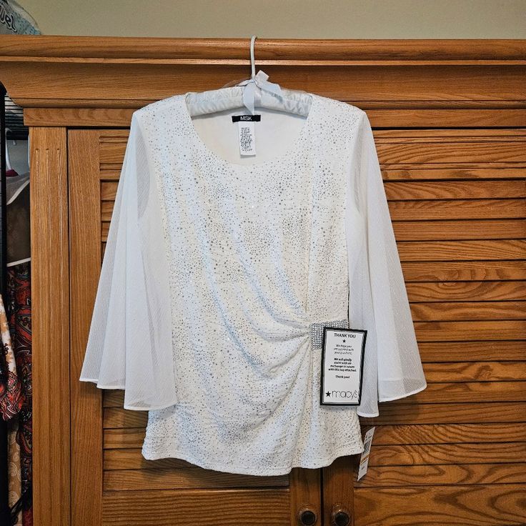 Sheer Evening Top With 3/4 Sleeves, Glitter And Fancy Diamond Buckle Elegant Top With 3/4 Sleeves For Party, Spring Evening Blouse With 3/4 Sleeves, White Sequined Blouse For Spring, Spring White Sequin Blouse, Evening Tops, Fancy Diamonds, Woven Top, Color White, Top Blouse