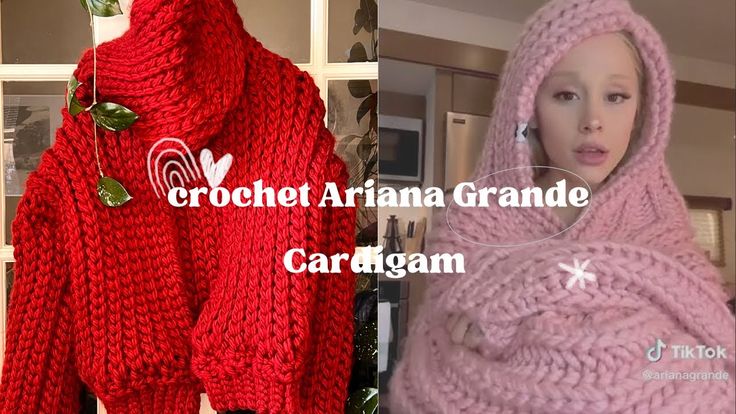 a woman wearing a red sweater and pink knitted scarf with the words crochet ariana grandee cardigan