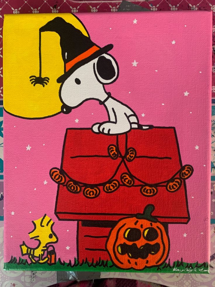 a painting of a dog on top of a house with a jack - o'- lantern