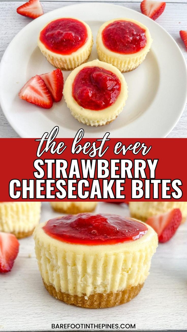 the best mini strawberry cheesecakes on a plate with strawberries