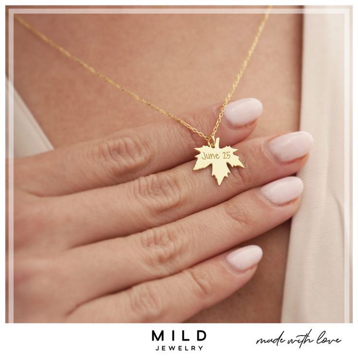 "14k Real Gold Personalized Maple Leaf Necklace, Date Engraved Leaf Pendant, Custom Jewelry, Gift for Birthday, Nature Lovers or Loved One, Birth Year Necklace, Initial Necklace A cute, simplicity but meaningful leaf pendant. You can put the special day, name or initials to your neck. The Maple Leaf Necklace is perfect gift for nature lover, your best friend, your mom or your wife. Also the leaf pendant is perfect gift for birthday of your loved one. D E T A İ L S * Material: 14k Solid Gold (Rea Autum Leaf Necklace, Maple Leaf Pendant, Personalized Fine Jewelry Charm Necklaces For Wedding, Birthday Jewelry Pendant With Hallmark, Dainty Sterling Silver Necklace With Hallmark, Birthday Pendant Jewelry With Hallmark, Hallmarked Pendant Jewelry For Birthdays, Birthday Hallmarked Pendant Jewelry, Fine Jewelry Nameplate For Gift