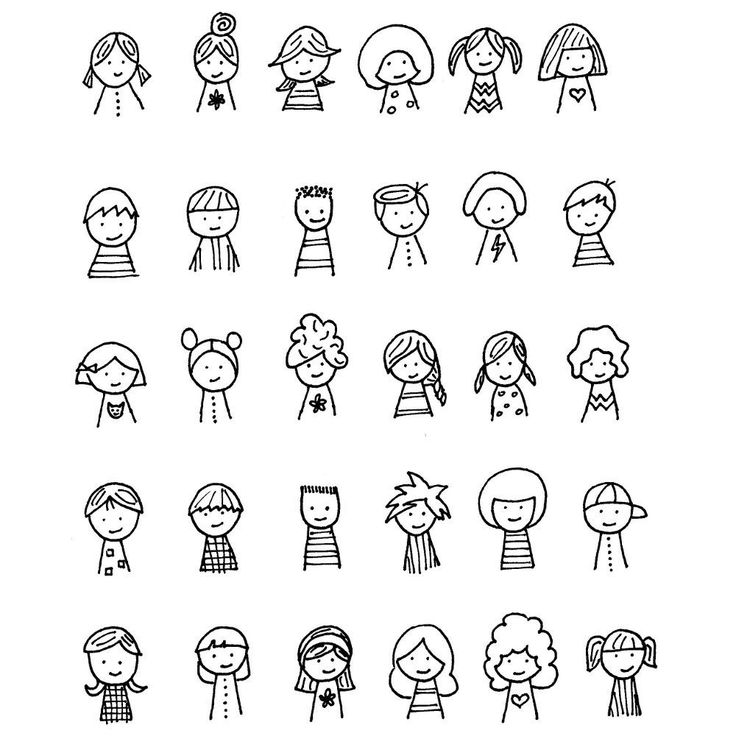 hand drawn children's faces in different styles and colors, including one with long hair