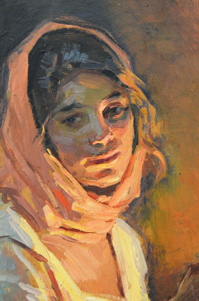 an oil painting of a woman with a scarf on her head, looking to the side