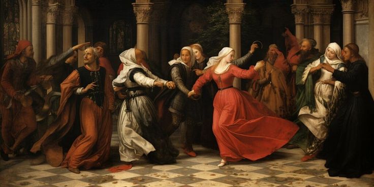 an image of a group of people dancing in the middle of a court yard with other people