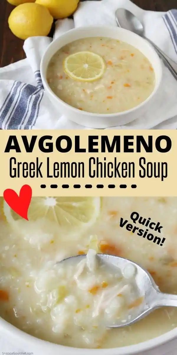 a bowl of greek lemon chicken soup with a spoon and lemons in the background