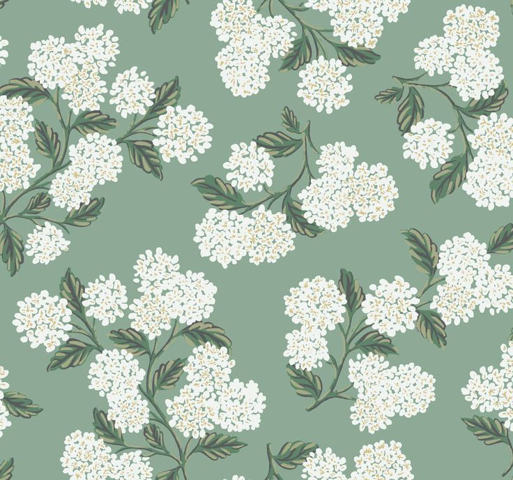 white flowers and green leaves on a light green background for wallpaper or upholstering