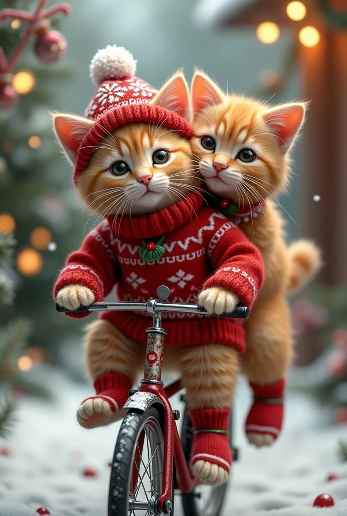 two cats in sweaters are riding a bicycle