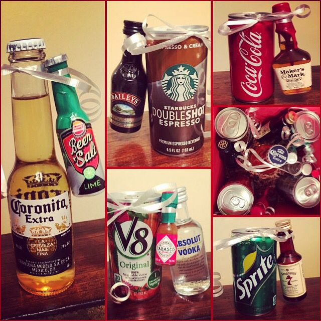 many different types of drinks and cans on a table