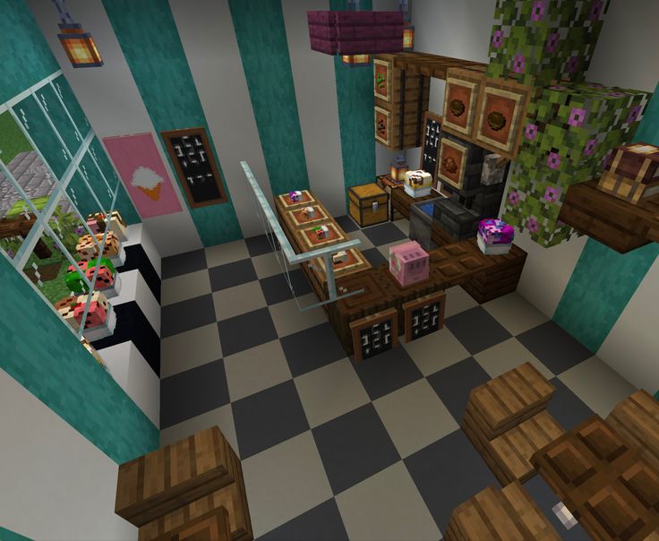 Minecraft Barstool, Cute Minecraft Coffee Shop, Minecraft Bakery Interior Ideas, Ice Cream Shop In Minecraft, Restaurant Interior Minecraft, Cute Minecraft Cafe Interior, Bakery Shop Minecraft, Small Bakery Minecraft, Icecream Shop Minecraft