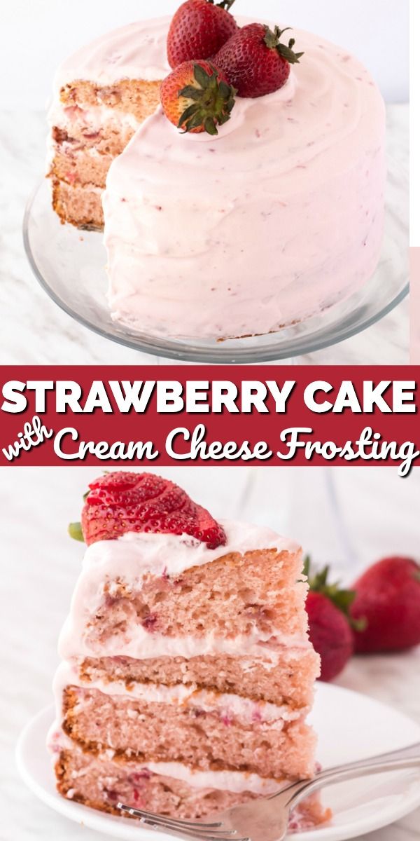 strawberry cake with cream cheese frosting and fresh strawberries on top, two pictures side by side