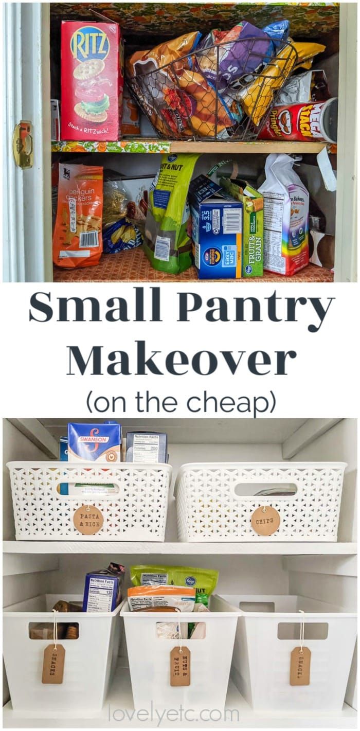 small pantry makeover on the cheap with bins, baskets and food in them