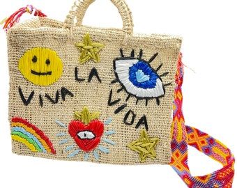 Embroidered Straw Tote Bag For Travel, Embroidered Tote Beach Bag For Shopping, Embroidered Straw Tote Bag For Shopping, Embroidered Shoulder Bag For Everyday Summer Use, Top Handle Bags, Evil Eye, Burlap Bag, Reusable Tote, Burlap