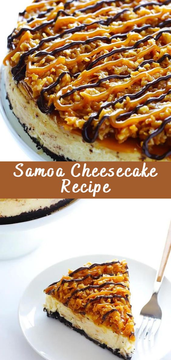 a cheesecake with chocolate sauce and pecans on top is shown in two separate images