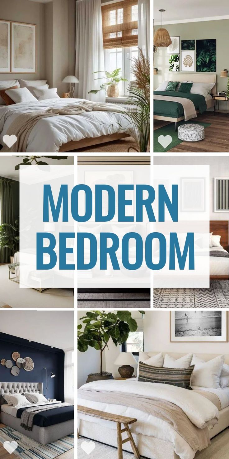 modern bedroom collage with blue and white accents in the background, including bedding