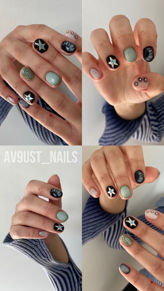 Short Grunge Nails Aesthetic, Dark Colored Nail Designs, Edgy Gel Nails Short, Alternative Gel Nails, Black Grunge Nails Short, Nail Green And Black, Nail Ideas Green Short, Grungy Nail Art, Indie Short Nails