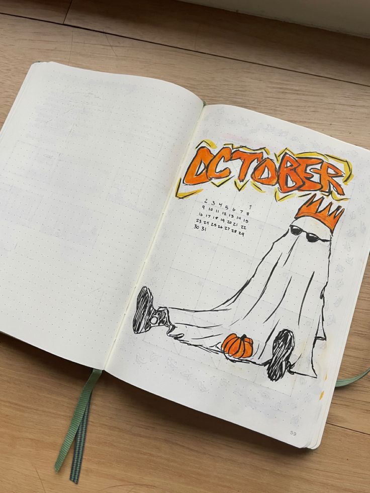 An October bullet journal spread with a ghost with sunglasses and October written in a graffiti font October Reading Journal, October Junk Journal, October Journal Spread, Beetlejuice Bullet Journal, Bujo October Theme, Ghost Bullet Journal, Halloween Journal Ideas, October Journaling, Halloween Journaling