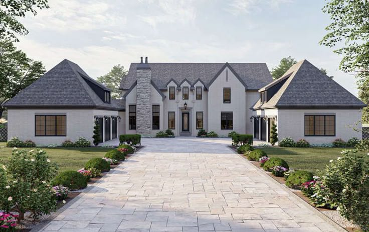 this is an artist's rendering of the front entrance to a house with landscaping