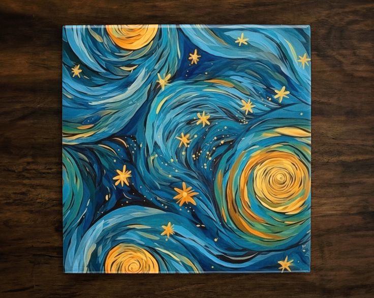 a painting with stars and swirls painted on the side of a wooden table top