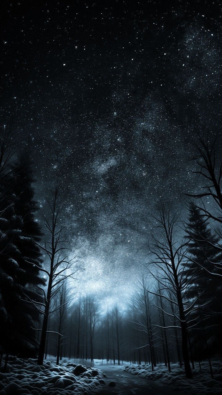 the night sky is filled with stars and trees