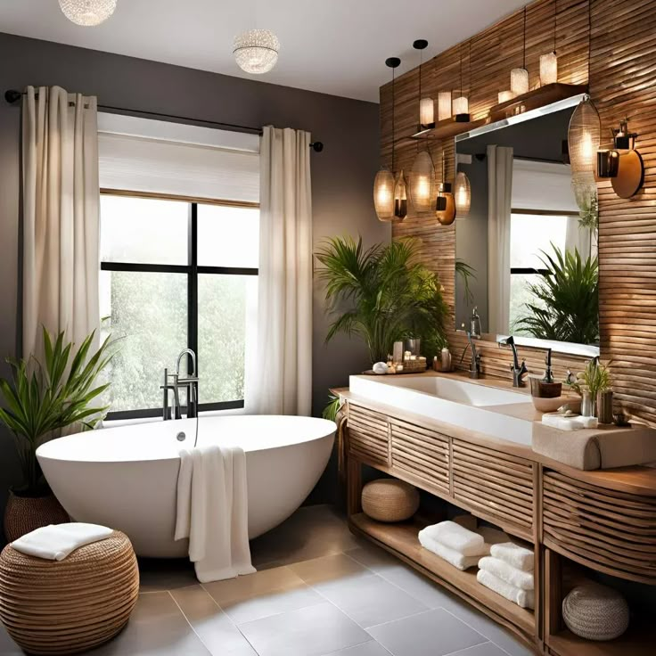 a bath room with a tub a sink and some lights hanging above the sinks in front of a window