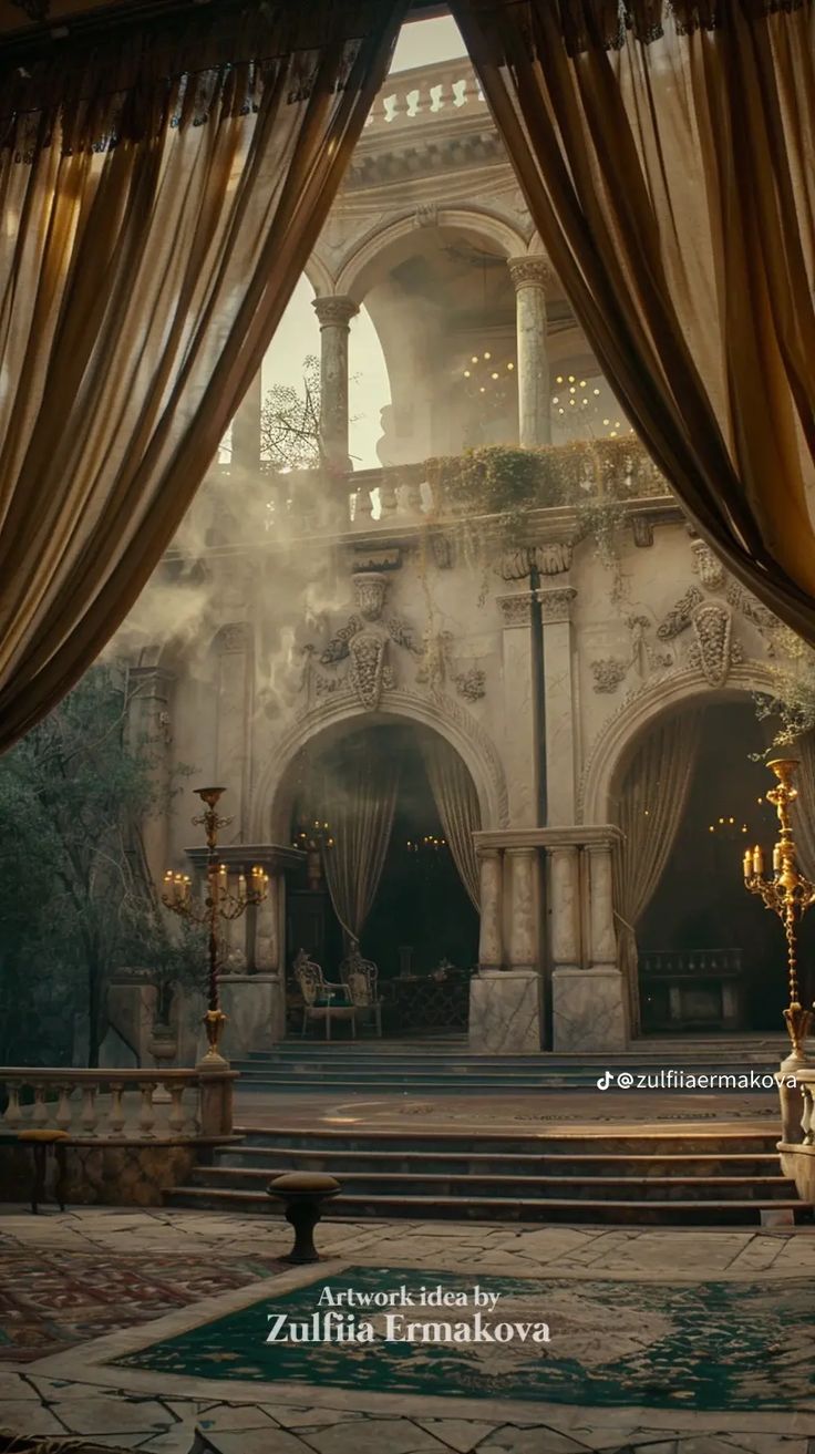 the inside of an old building with gold drapes and chandeliers on it