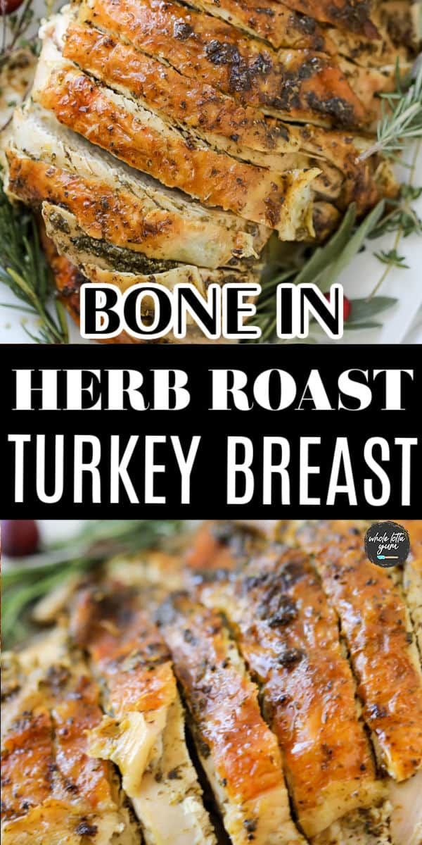 bone in baked herb butter turkey breast on a platter