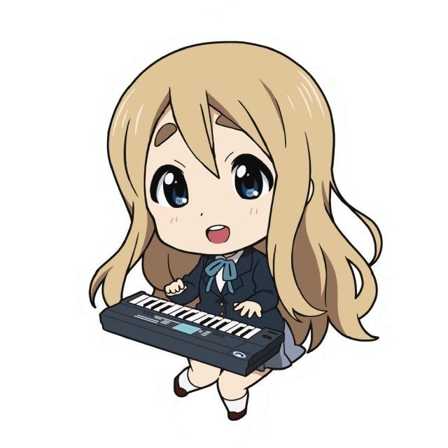 an anime character holding a keyboard keychain in her hand and looking at the camera