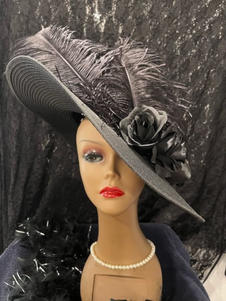 Women's Big Black Derby Tilt Hat Roses Feathers, Victorian Black Mourning Hat, Black Edwardian Funeral Hat, Gothic Black Wedding Church Hat - Etsy Formal Black Wide Brim Costume Hat, Black Curved Brim Costume Hat For Church, Black Costume Hat With Curved Brim For Church, Black Costume Hat For Church With Curved Brim, Formal Black Costume Hats With Curved Brim, Black Formal Costume Hat With Curved Brim, Black Formal Hats For Halloween, Black High Crown Hat For Formal Occasions, Black High Crown Costume Hat For Formal Occasions