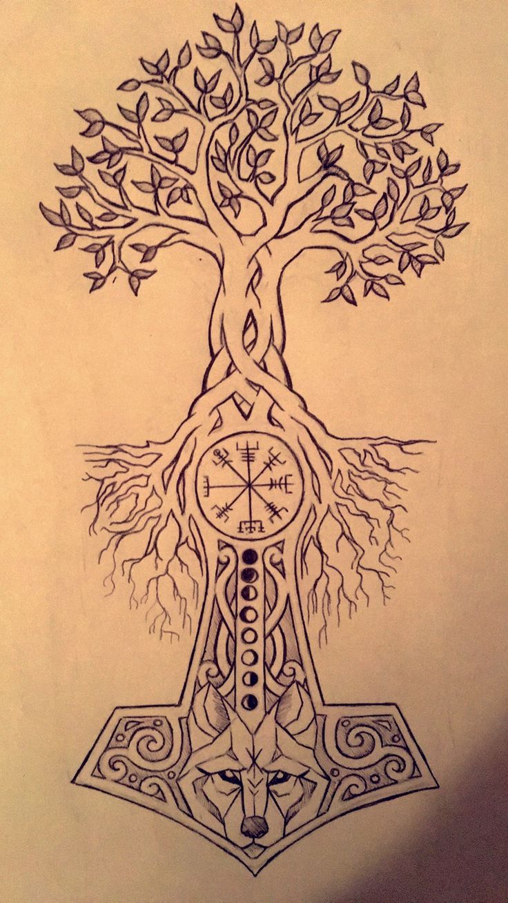 a drawing of a tree with a compass on it