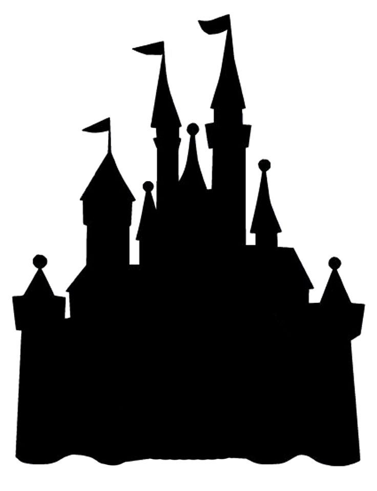 a black and white silhouette of a castle with flags on it's top tower