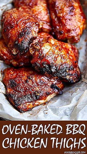 oven - baked bbq chicken thighs with text overlay