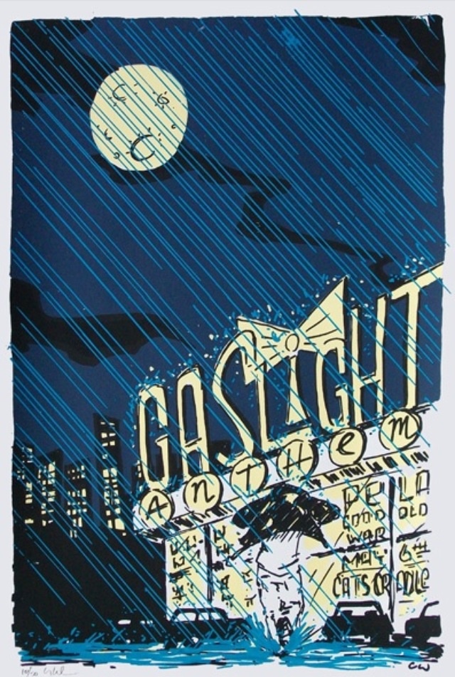 an image of a night scene with the word go straight on it and people walking in the rain