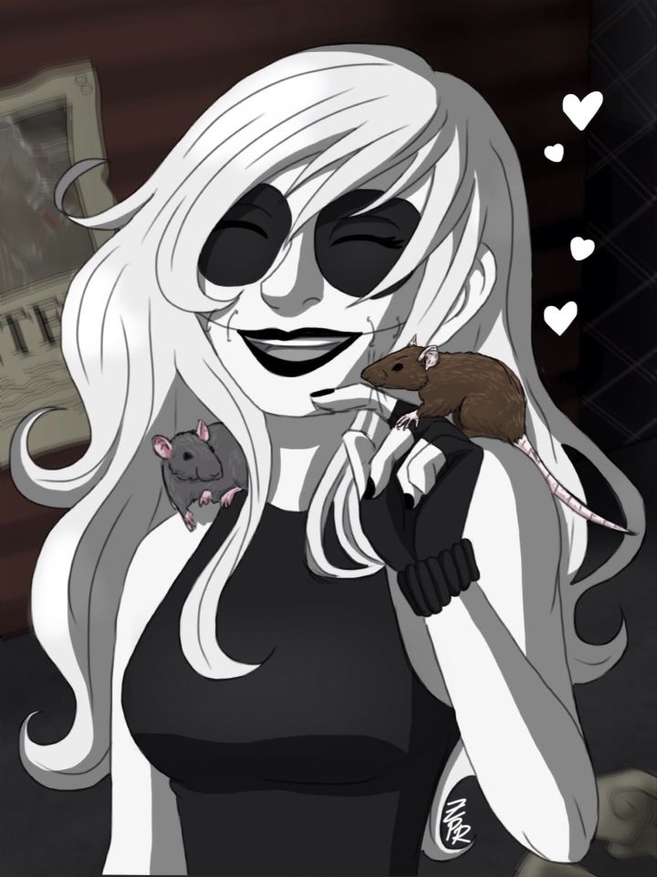 a woman with long white hair holding a mouse