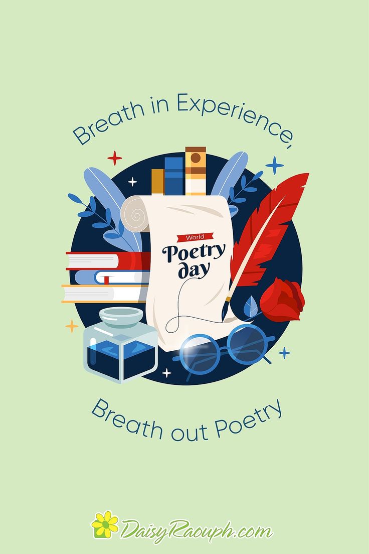 a poster with the words breath in experience, and an image of books on it