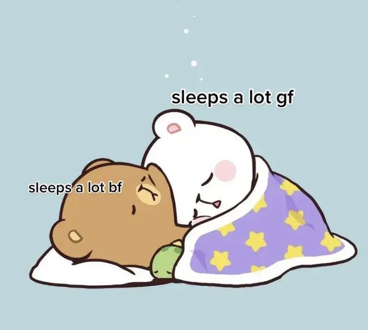 a cartoon bear sleeping next to a teddy bear with the caption sleeps a lot gf