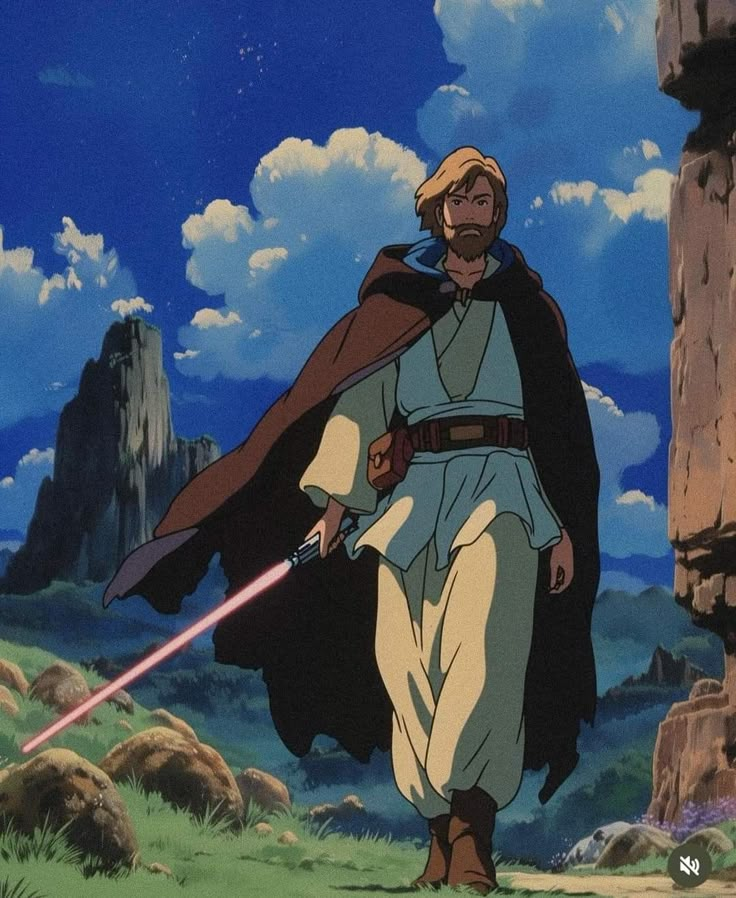 the star wars character is holding a light saber in his right hand and looking at something behind him