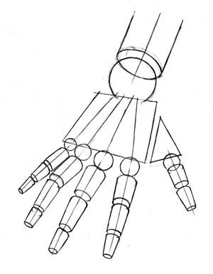 a drawing of a hand with five fingers and four balls on it, all in different directions