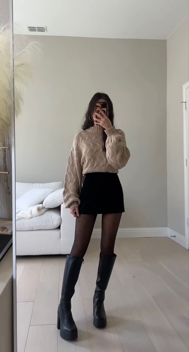 Cable Knit Sweater Black Skirt, Everyday Put Together Outfits, Fall Outfit Ideas Skirt, Classy Outfit Inspo Women, Haunted House Outfits Date, Thigh High Boots Outfit 2023, Freddymylove Outfits, Autumn Classy Outfit, Talk Boots Outfit