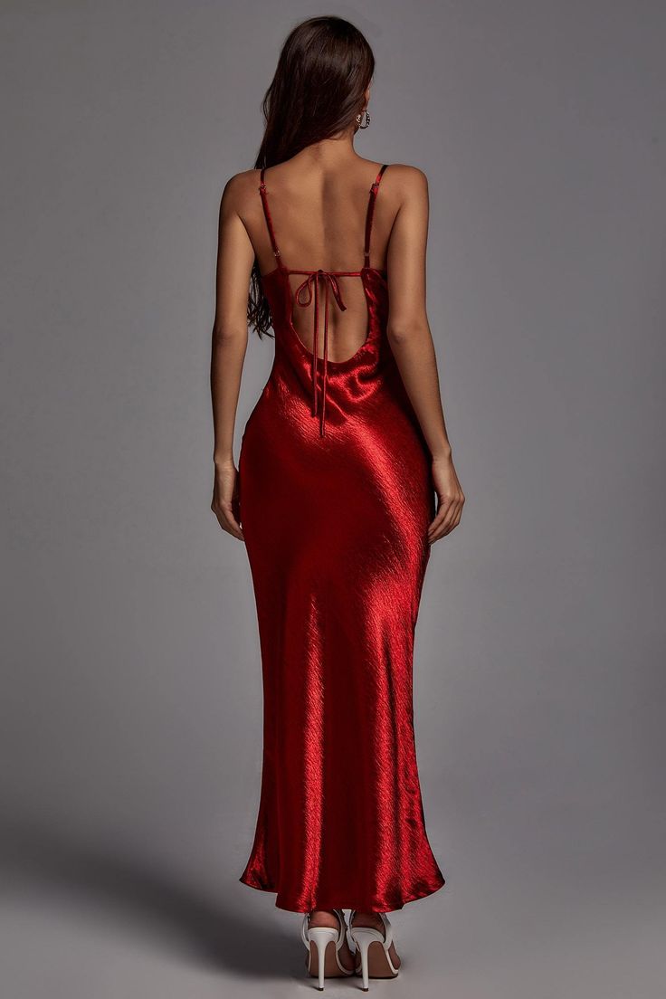 Red Satin Maxi Dress, Dinner Dance Dresses, Dark Red Maxi Dress, Wine Maxi Dress, Garnet Dress, Dress Poses, Valentines Day Dress, Deep Red Dress, Valentines Dress