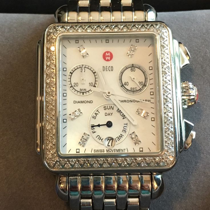 Excellent Condition Michele Watch With All Original Boxes. Includes Extra Links For Sizing. Diamonds Surround The Mother Of Pearl Face. This Watch Looks Exceptionally Rich On And Is Beautiful. Looks Brand New. Designer Diamond Watch With Subdials For Anniversary, Designer Diamond Watch With Polished Finish, Timeless Chronograph Jewelry For Anniversary, Elegant White Chronograph Watch, Designer Diamond Watch For Anniversary With Polished Finish, Elegant White Jewelry With Rectangular Dial, Timeless White Diamond Watch With Chronograph, Luxury White Chronograph Jewelry And Watches, Luxury Watches With Diamond Accents As Gift