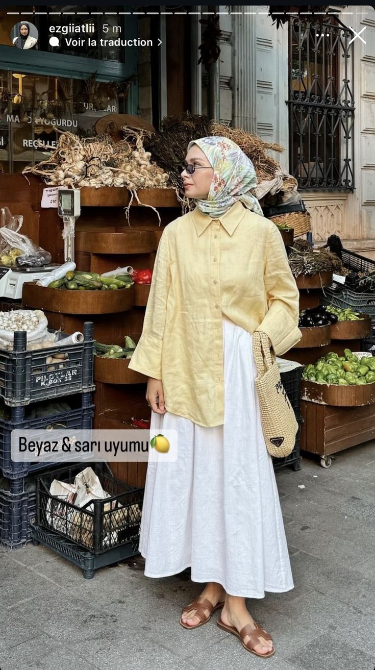 Yellow Hijab Outfit, Muslim Summer Outfits, Summer Hijabi Outfits, Hijab Fashion Inspiration Casual, Summer Hijab Outfits, Hijabi Fashion Summer, Hijab Outfit Summer, Modest Outfits Muslim, Linen Style Fashion